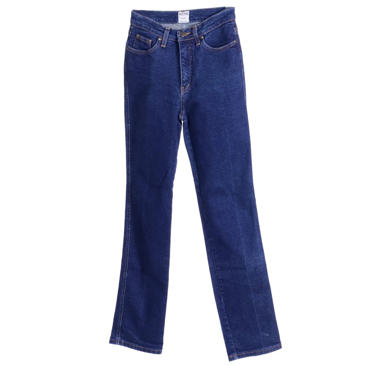 1990s Moschino Vintage Blue Denim Jeans w Peace Sign