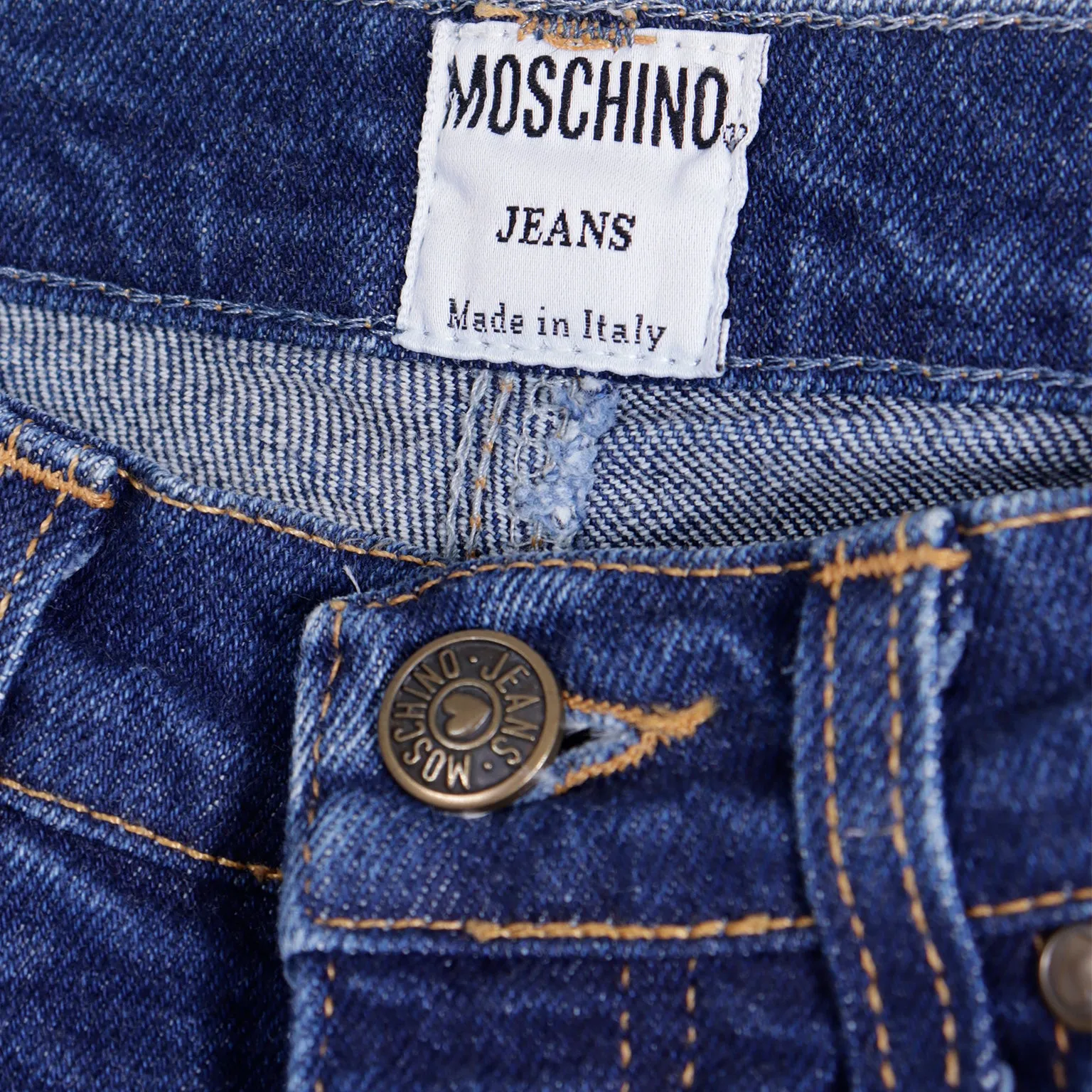 1990s Moschino Vintage Blue Denim Jeans w Peace Sign