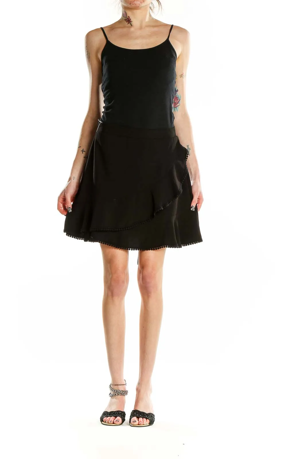 Black Ruffled Polyester Mini Skirt