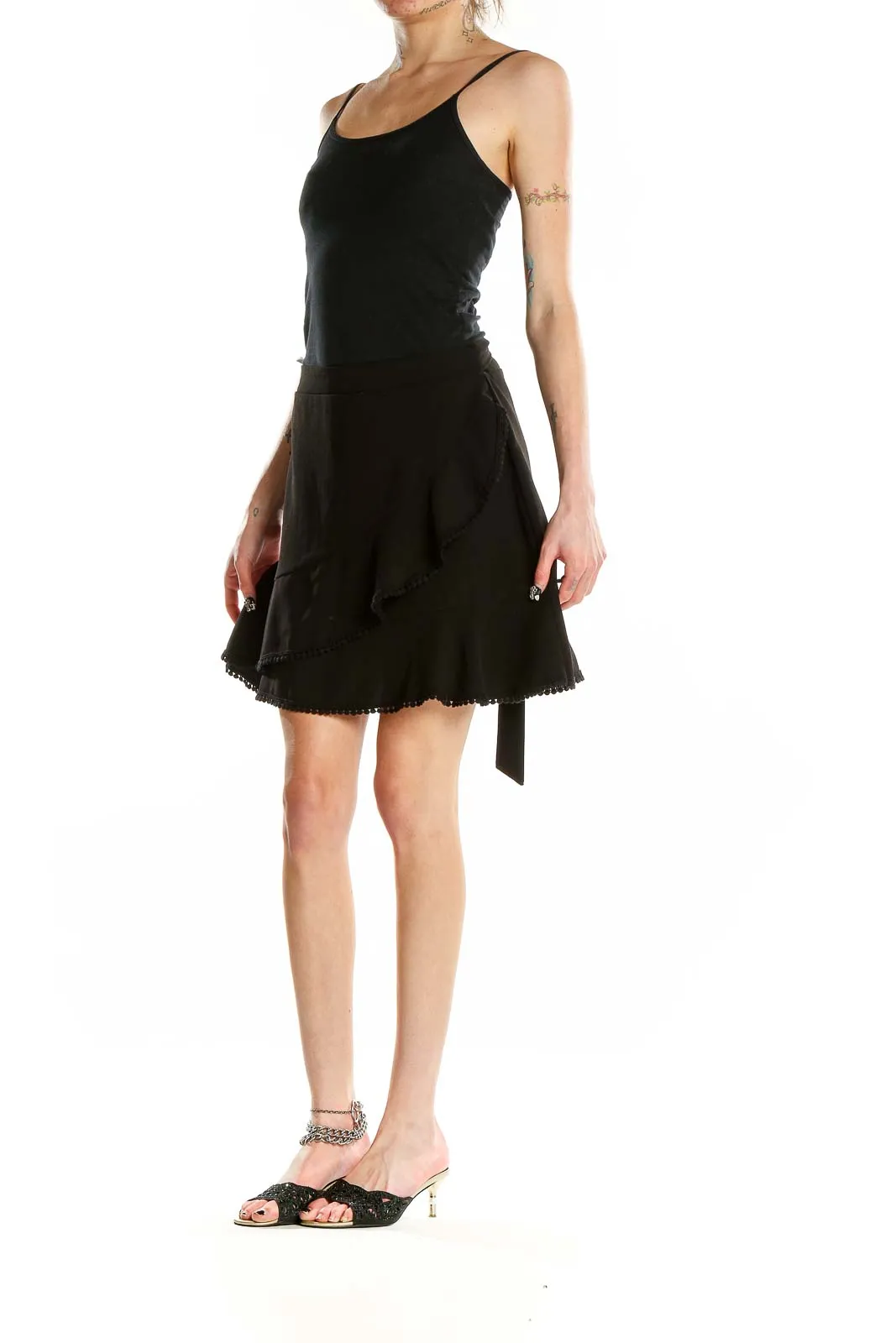 Black Ruffled Polyester Mini Skirt