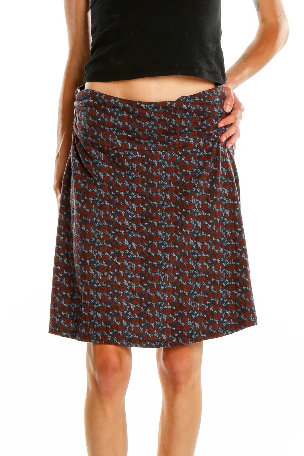 Brown Floral Print A-Line Skirt