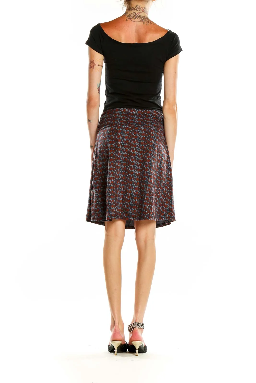 Brown Floral Print A-Line Skirt