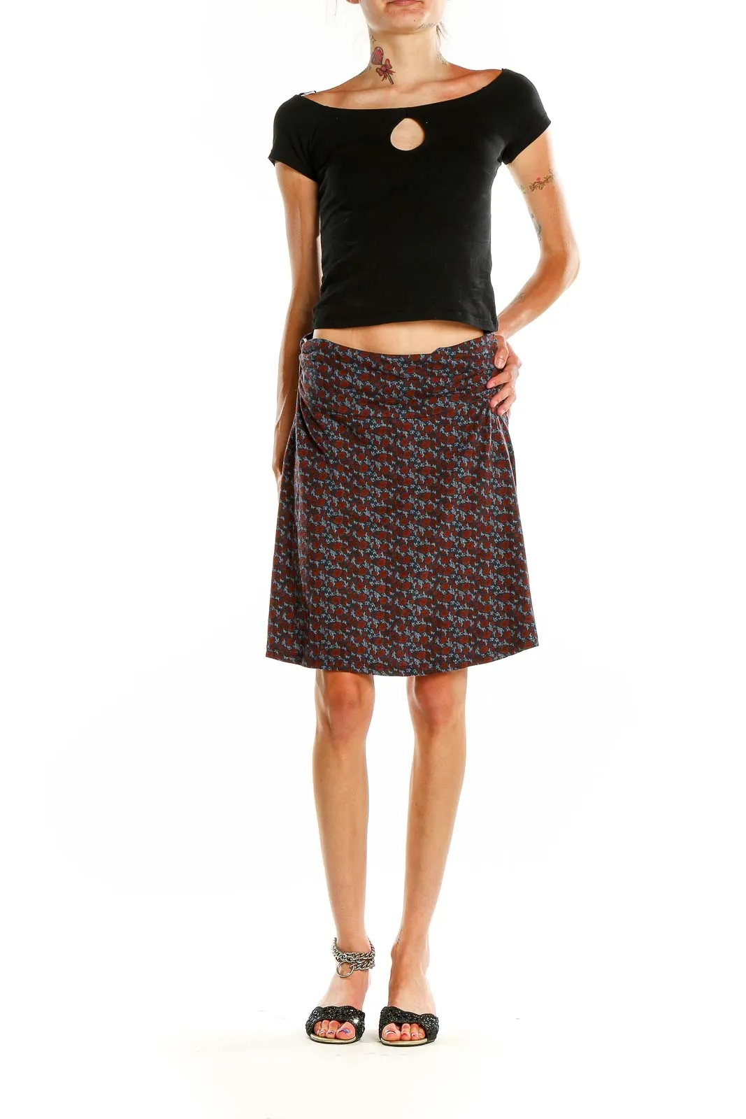Brown Floral Print A-Line Skirt