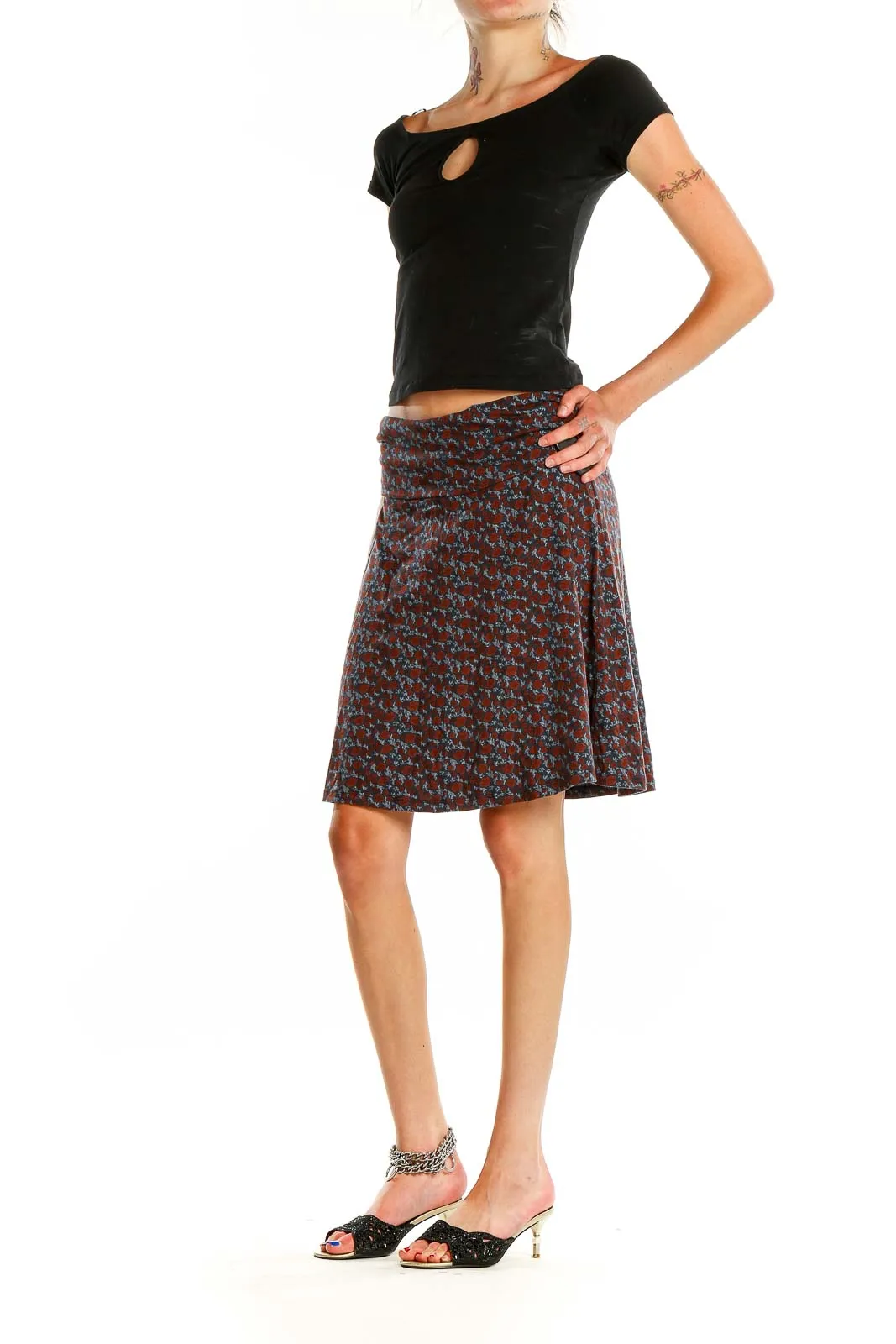 Brown Floral Print A-Line Skirt