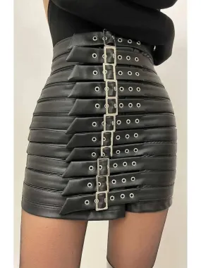 Buckle-Detail Leather Mini Skirt, Black