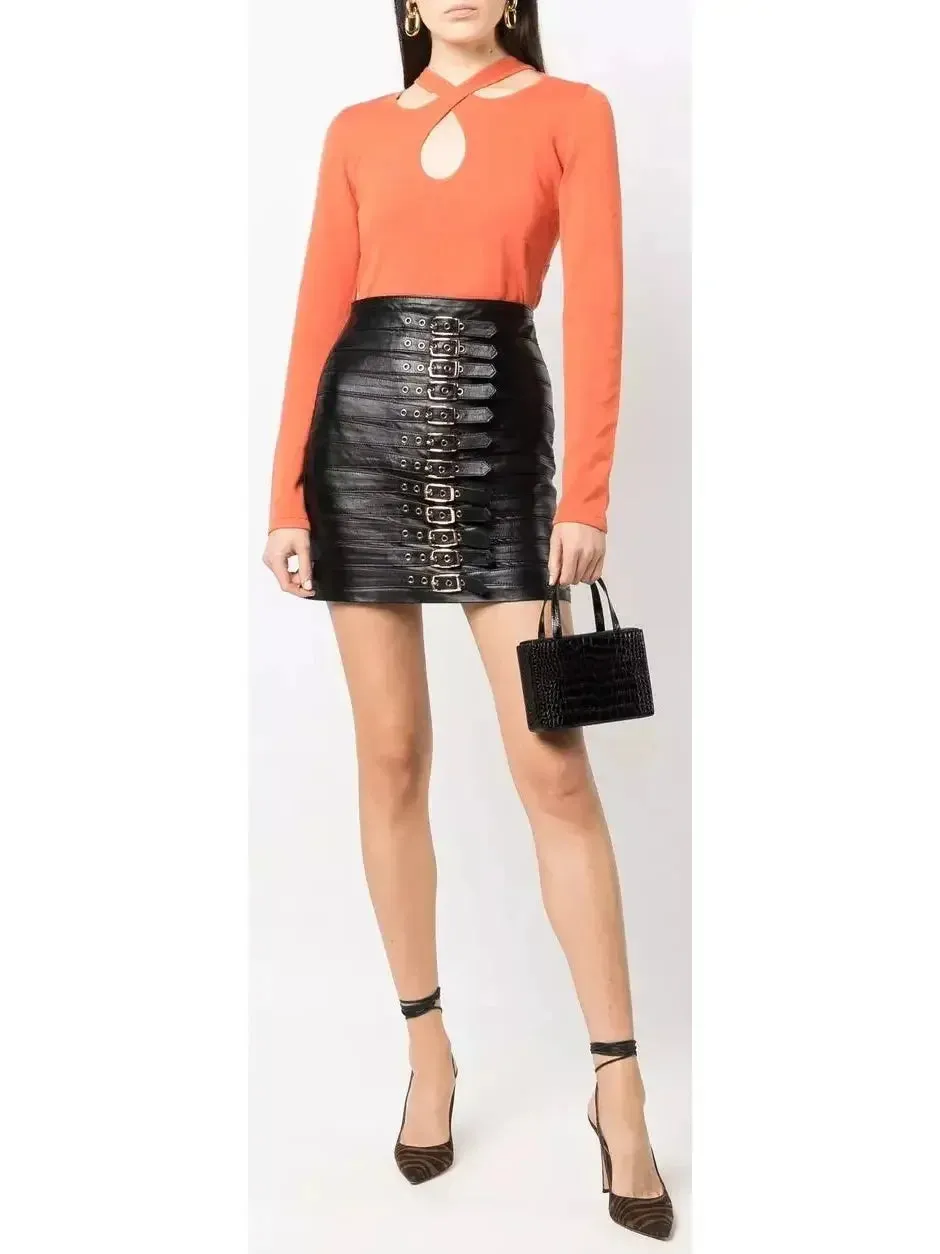 Buckle-Detail Leather Mini Skirt, Black
