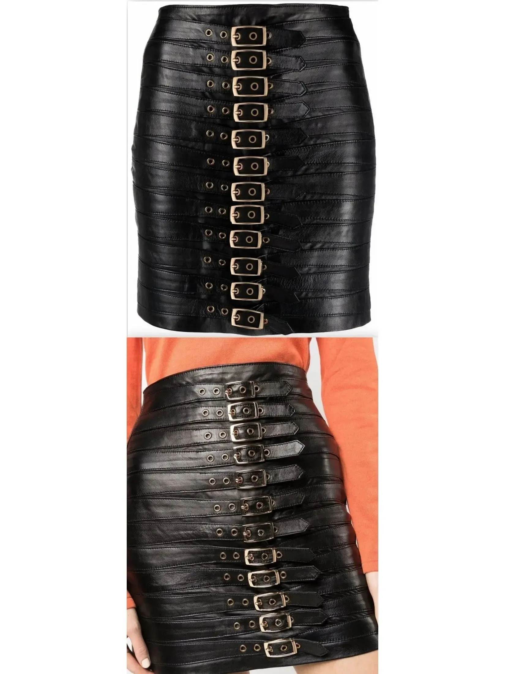 Buckle-Detail Leather Mini Skirt, Black
