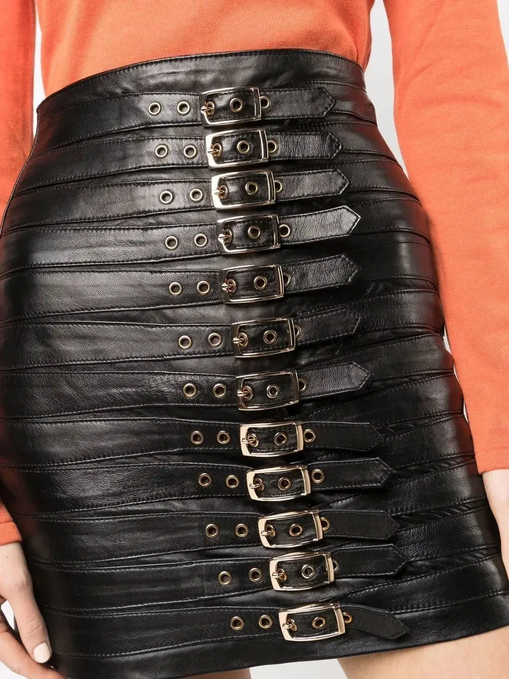Buckle-Detail Leather Mini Skirt, Black