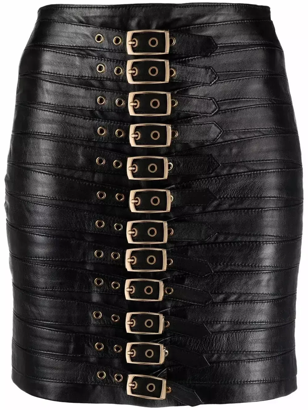 Buckle-Detail Leather Mini Skirt, Black