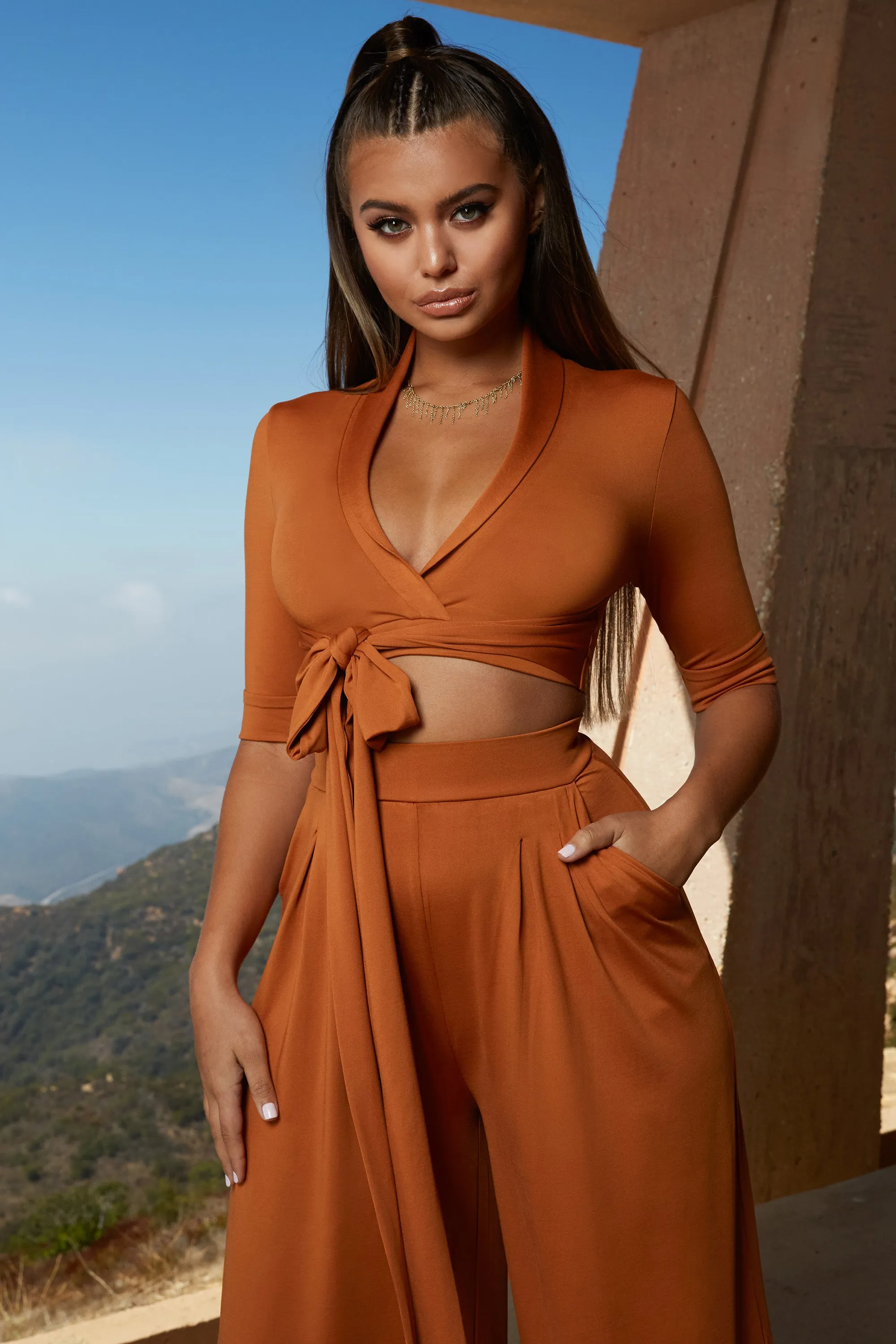 Collar At Me Petite Wide Leg Trousers in Copper