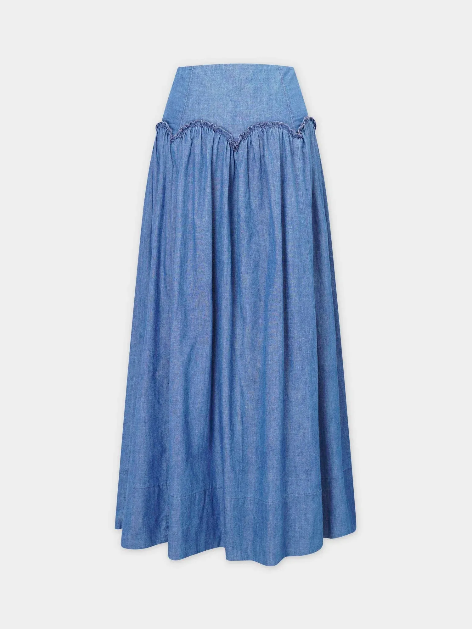 Curved Yoke Ruffle Denim Skirt - Blue