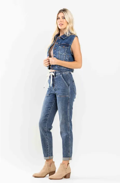 CURVY Judy Blue HW Elastic Drawstring & Cuffed Jogger