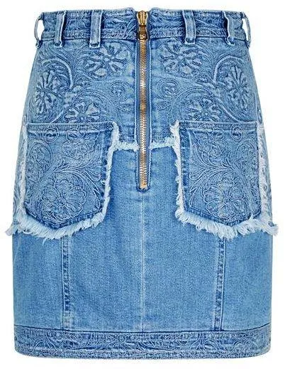 Embroidered Frayed Denim Mini Skirt