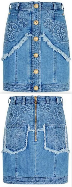 Embroidered Frayed Denim Mini Skirt