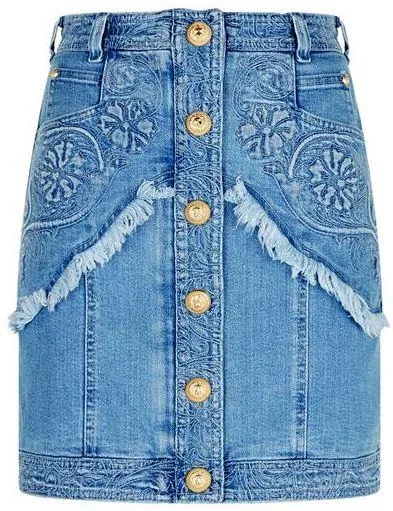 Embroidered Frayed Denim Mini Skirt