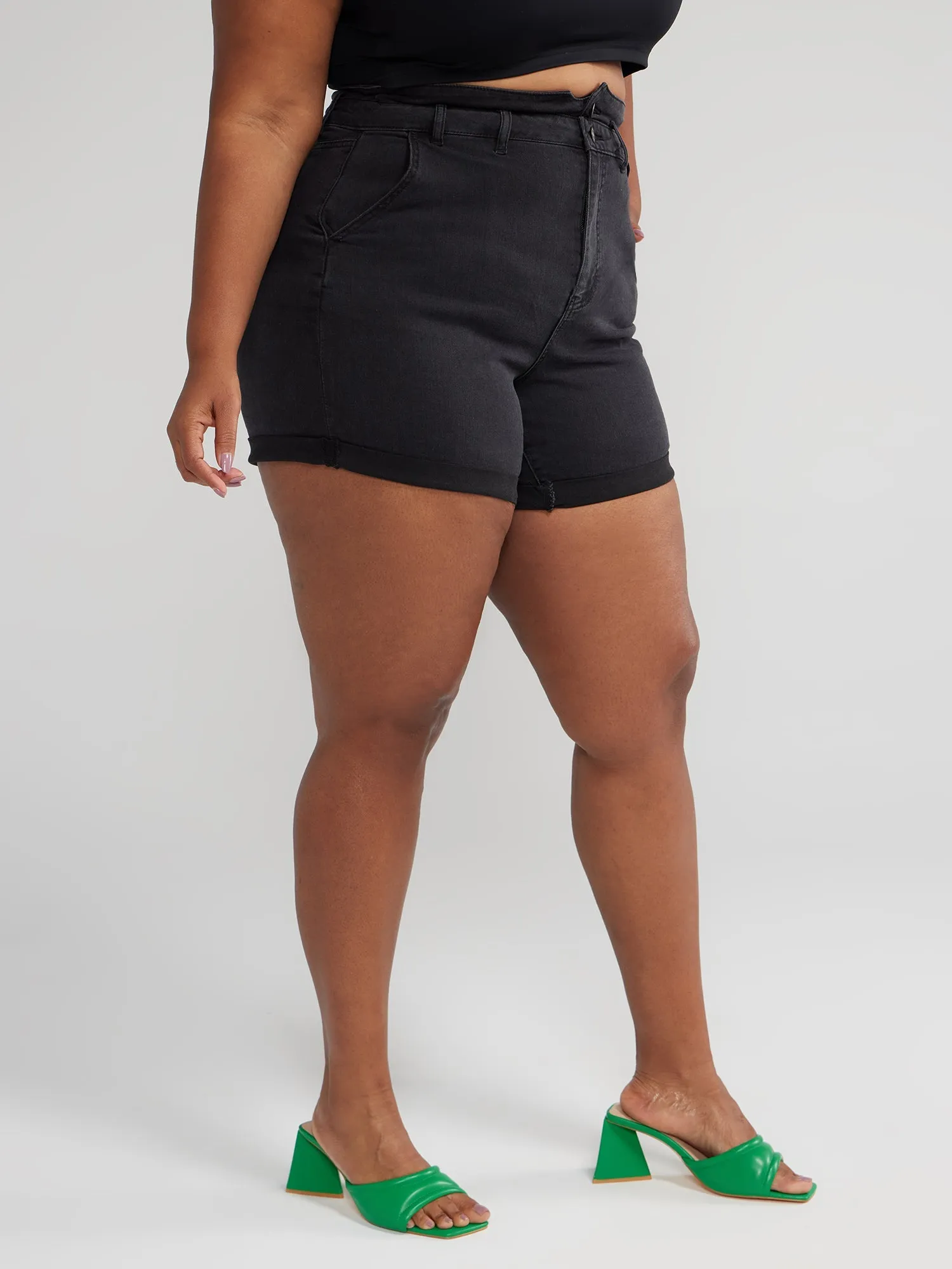Fashion To Figure - High Waisted Cuffed Denim Shorts