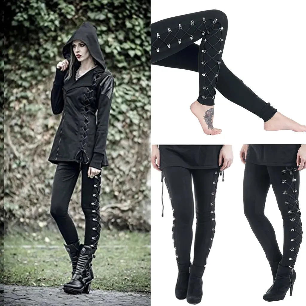 Gothic Leggings Black Vintage Women Punk Lace Up Bottoms Steampunk Pants Legging