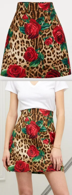 Leopard and Rose Print Mini Skirt