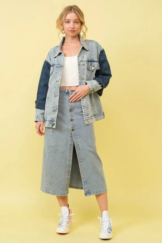 Mid Rise Stretch Midi Denim Skirt MED WASH