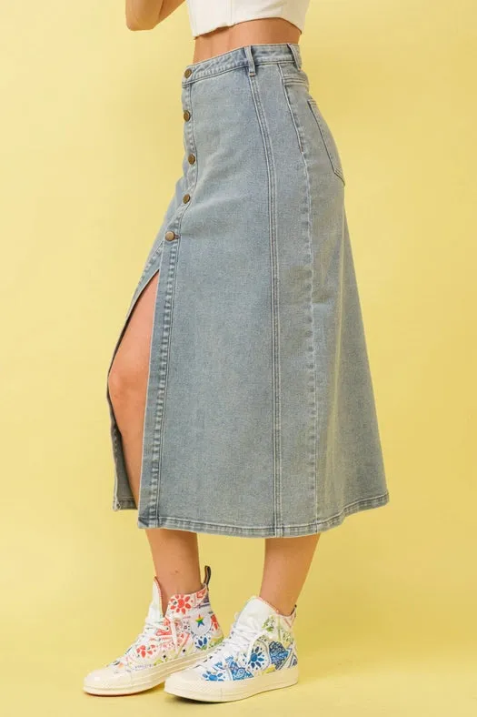 Mid Rise Stretch Midi Denim Skirt MED WASH