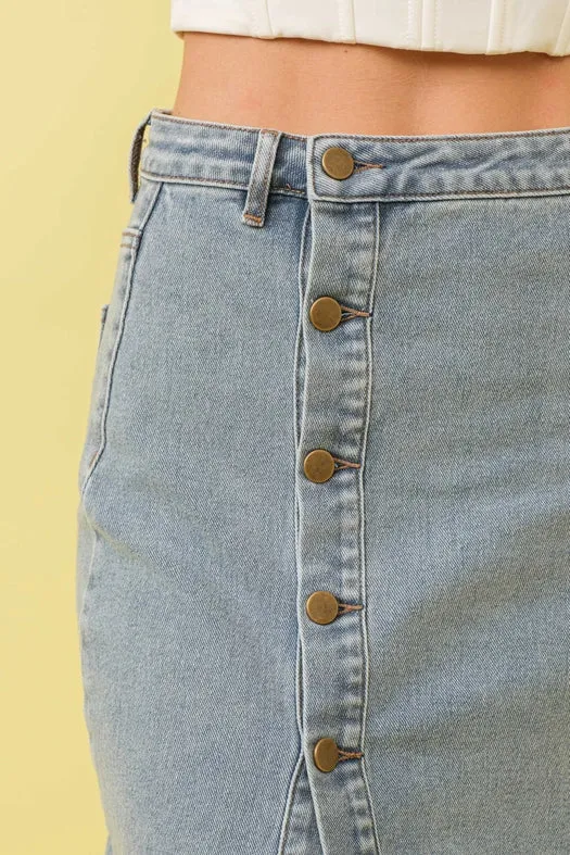 Mid Rise Stretch Midi Denim Skirt MED WASH