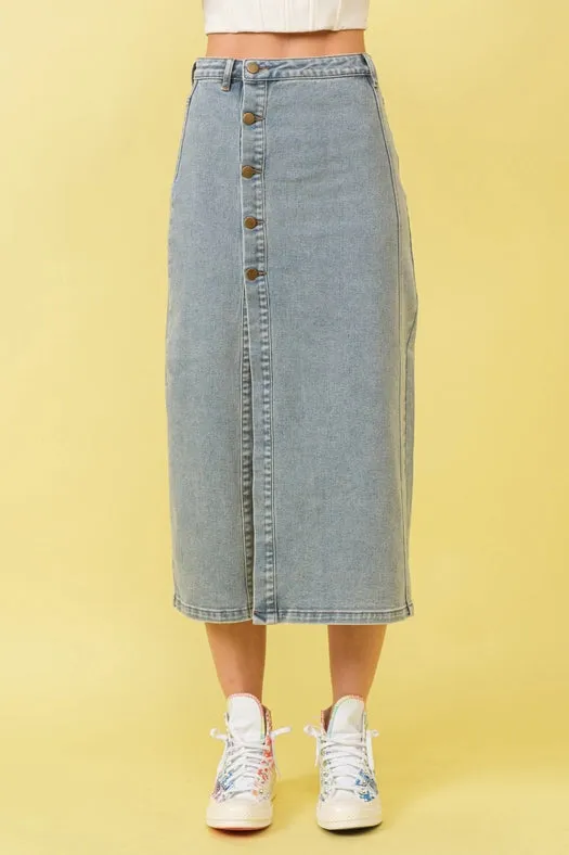 Mid Rise Stretch Midi Denim Skirt MED WASH