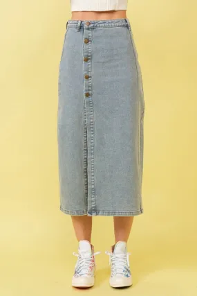 Mid Rise Stretch Midi Denim Skirt MED WASH