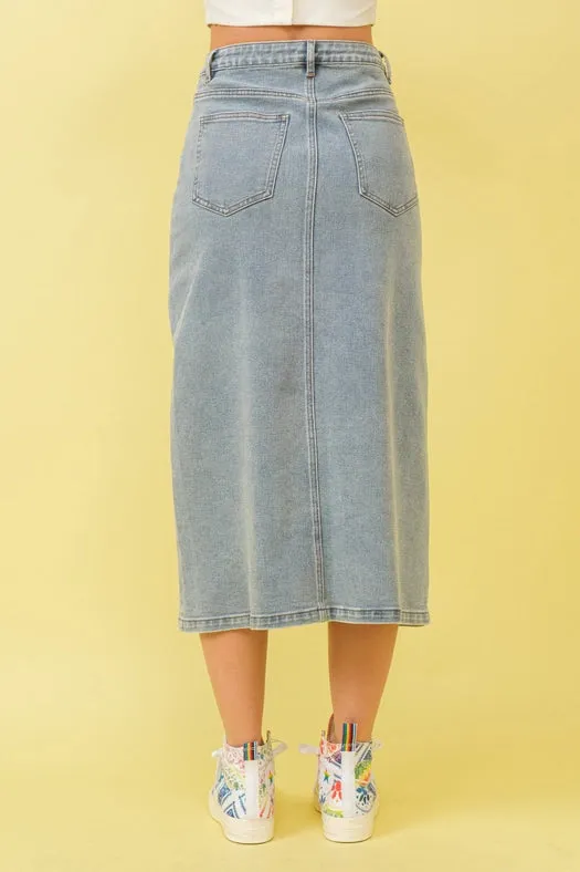Mid Rise Stretch Midi Denim Skirt MED WASH