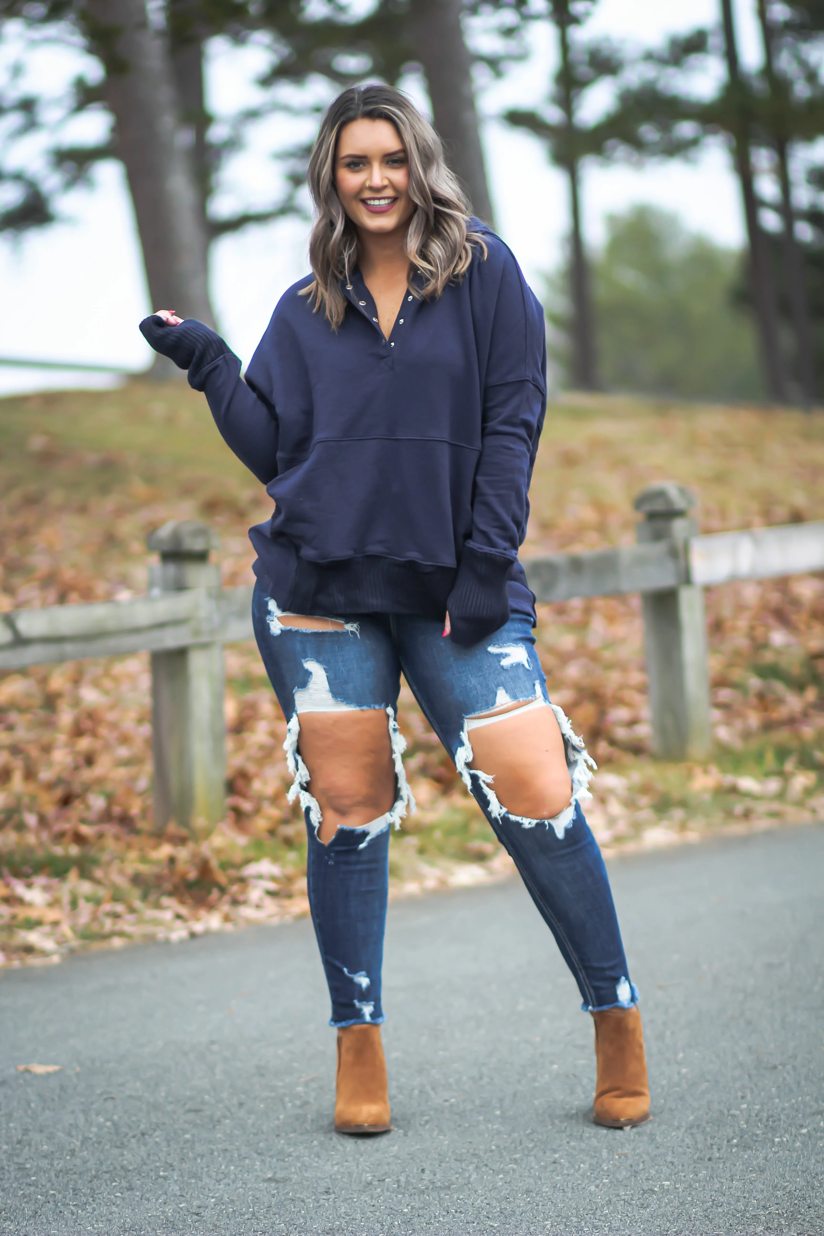 Navy Oversized French Terry Henley Hoodie