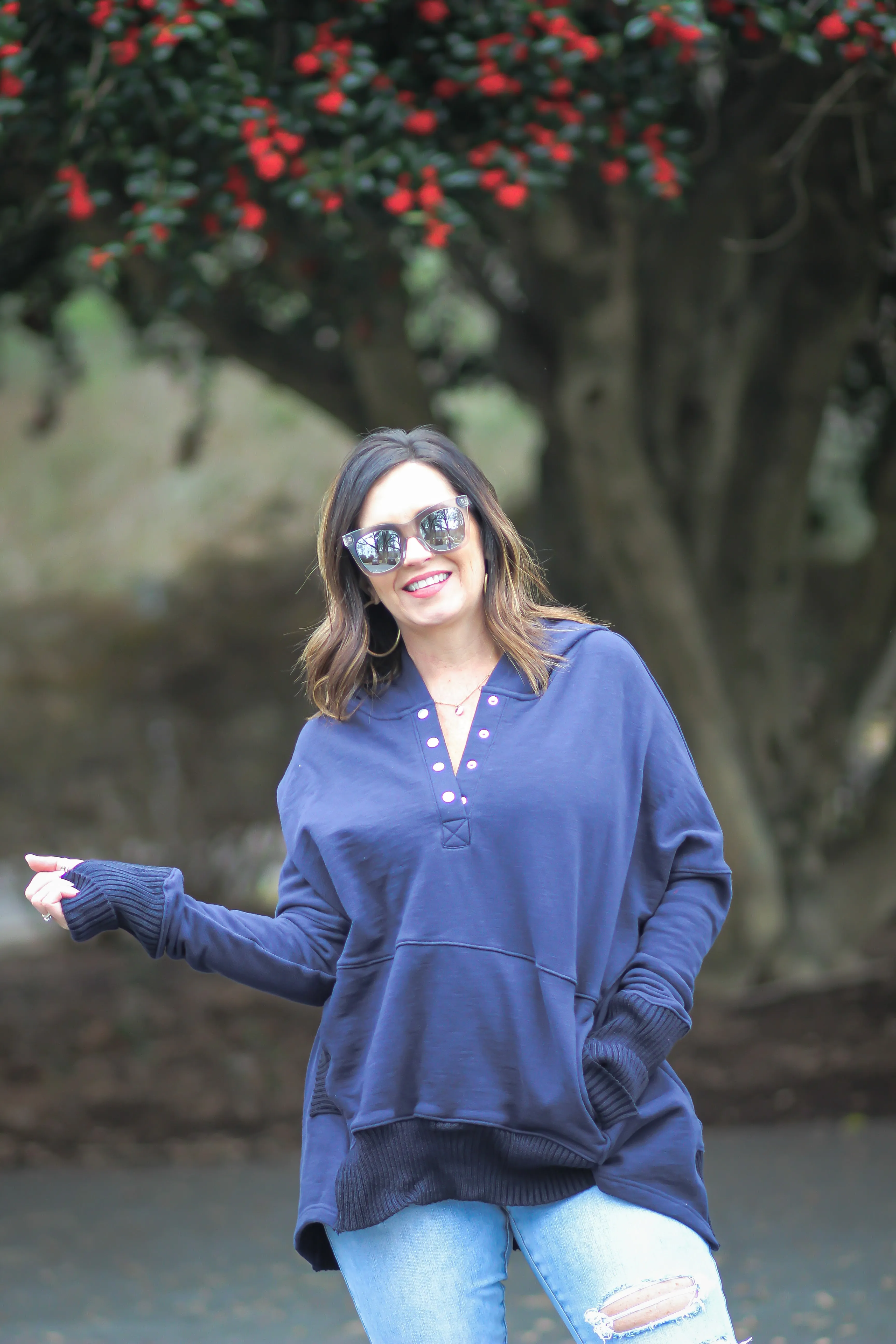 Navy Oversized French Terry Henley Hoodie