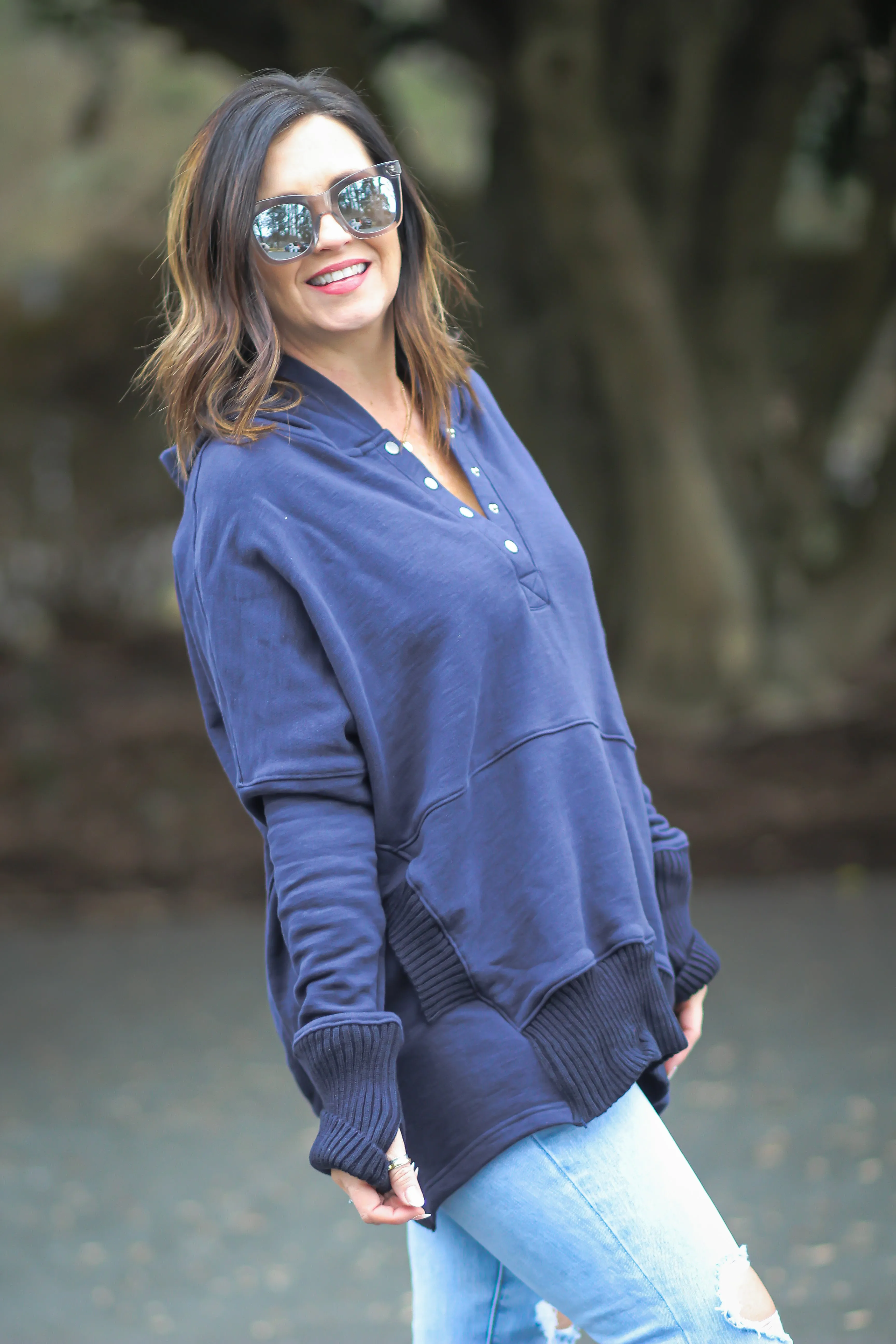 Navy Oversized French Terry Henley Hoodie