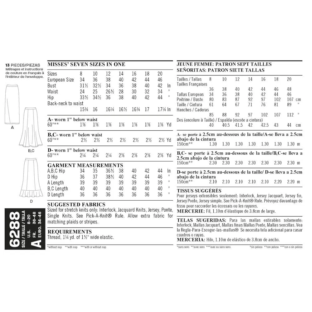 Newlook Pattern 6288 Misses' Pull on Knit Skirts
