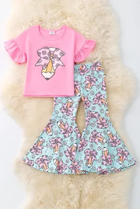 Pencil printed on pink ruffle sleeve top & aqua pencil printed bottoms. OFG50727