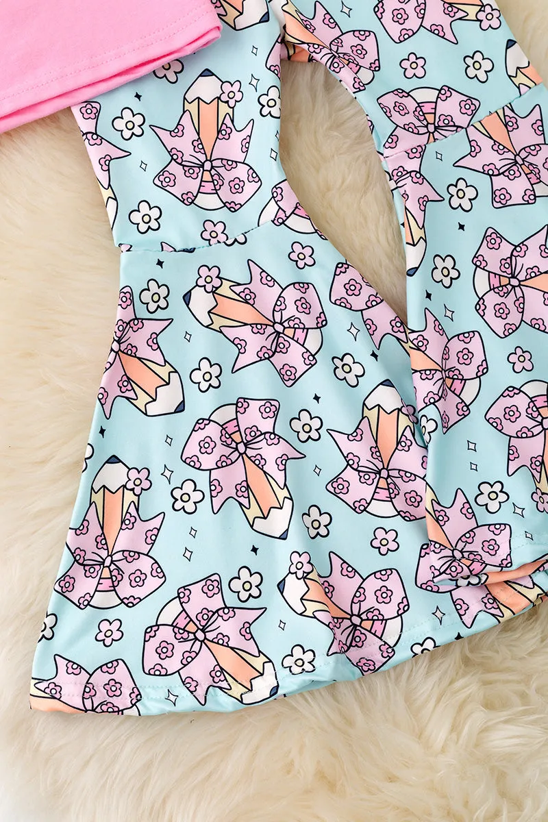 Pencil printed on pink ruffle sleeve top & aqua pencil printed bottoms. OFG50727