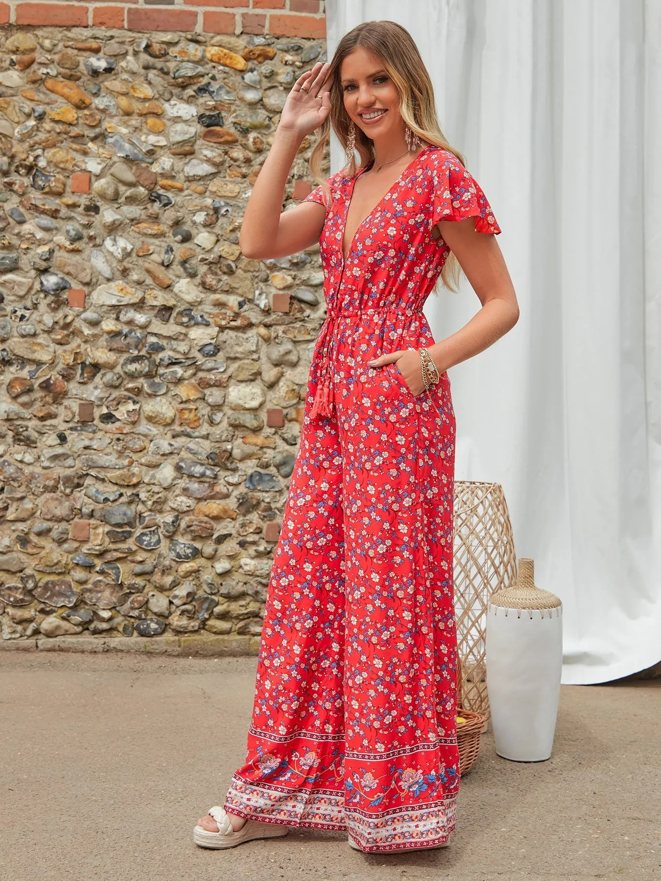 Red Deep V-Neck Ditsy Floral Drawstring Waist Wide Leg Jumpsuit