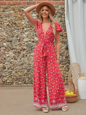 Red Deep V-Neck Ditsy Floral Drawstring Waist Wide Leg Jumpsuit