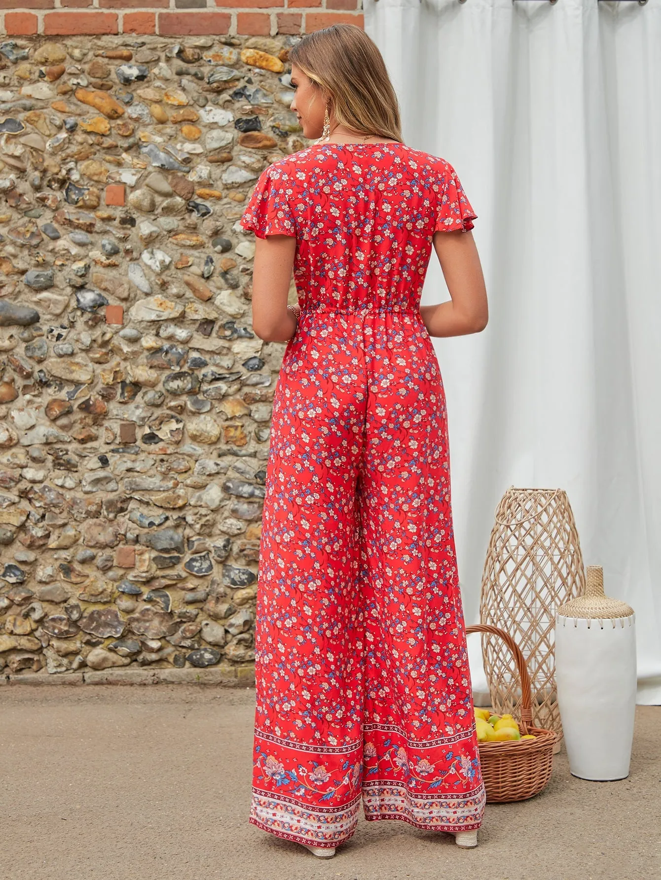 Red Deep V-Neck Ditsy Floral Drawstring Waist Wide Leg Jumpsuit