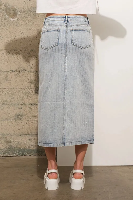 Rhinestone Studded Stripe Midi Denim Skirt  LIGHT WASH