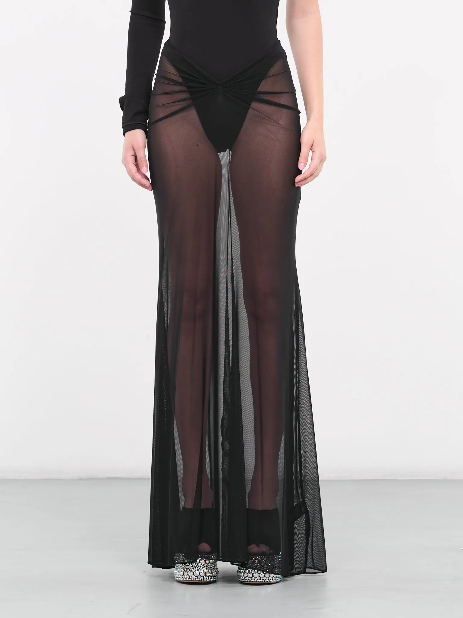 Ruched Waist Sheer Maxi Skirt (DK25SL-BLACK)