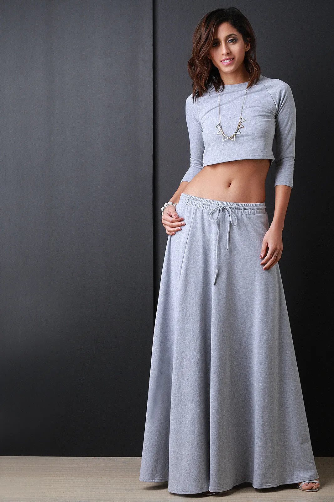 Self Tie Drawstring Maxi Slit Sweat Skirt