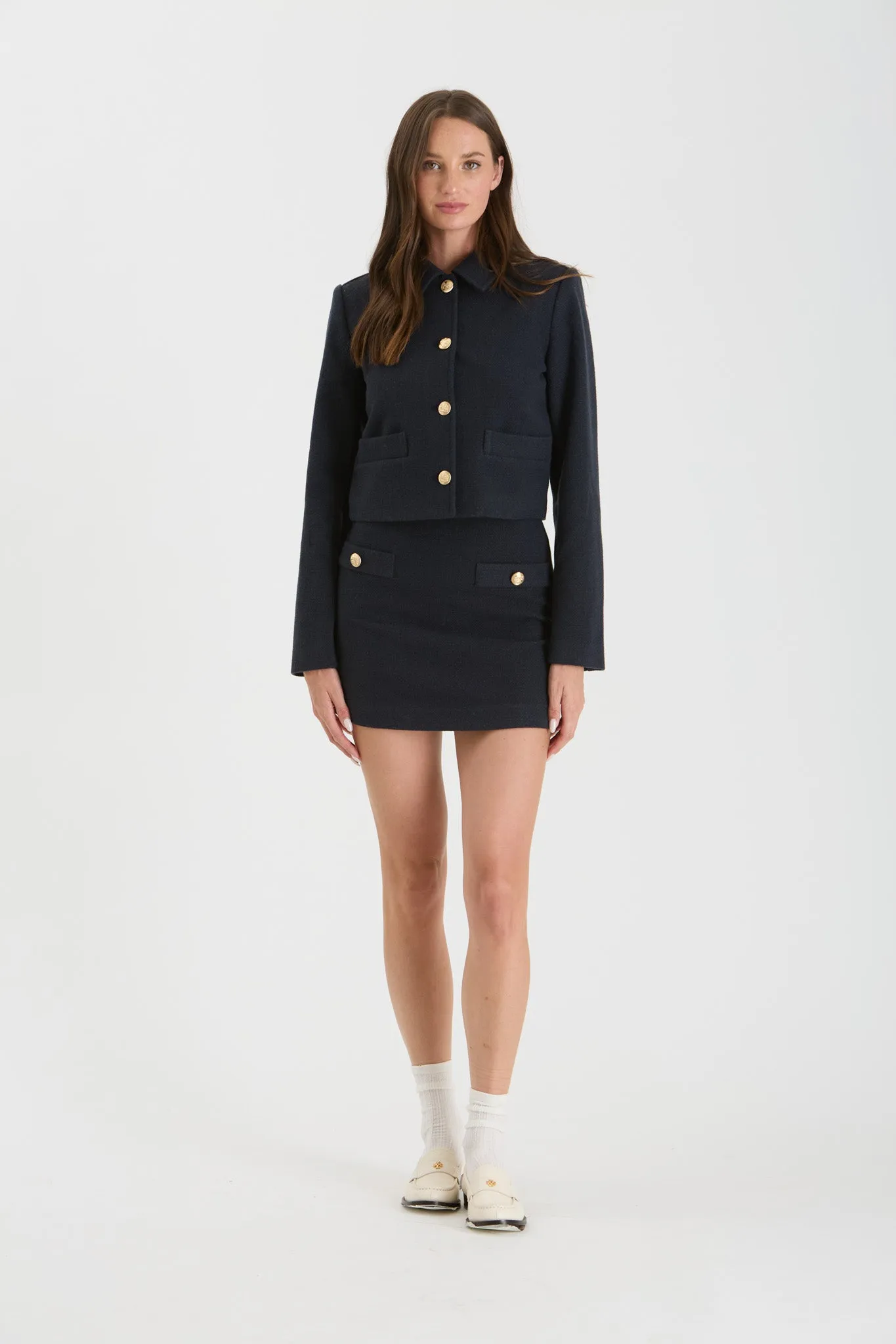 SOLID TWEED GOLD BUTTON ACCENT MINI SKIRT
