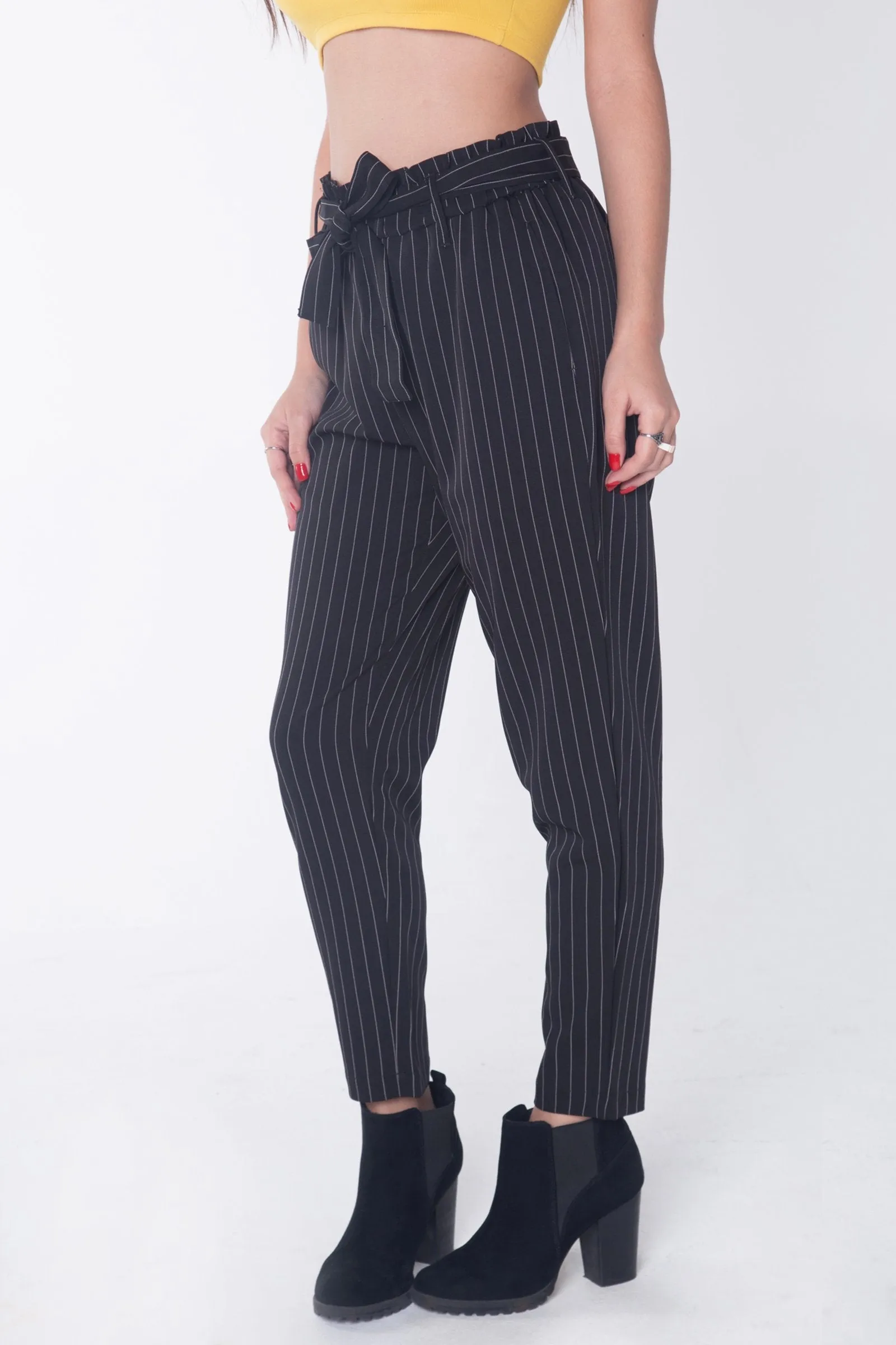 Striped Paper Bag Trousers With Self-Fabric Belt