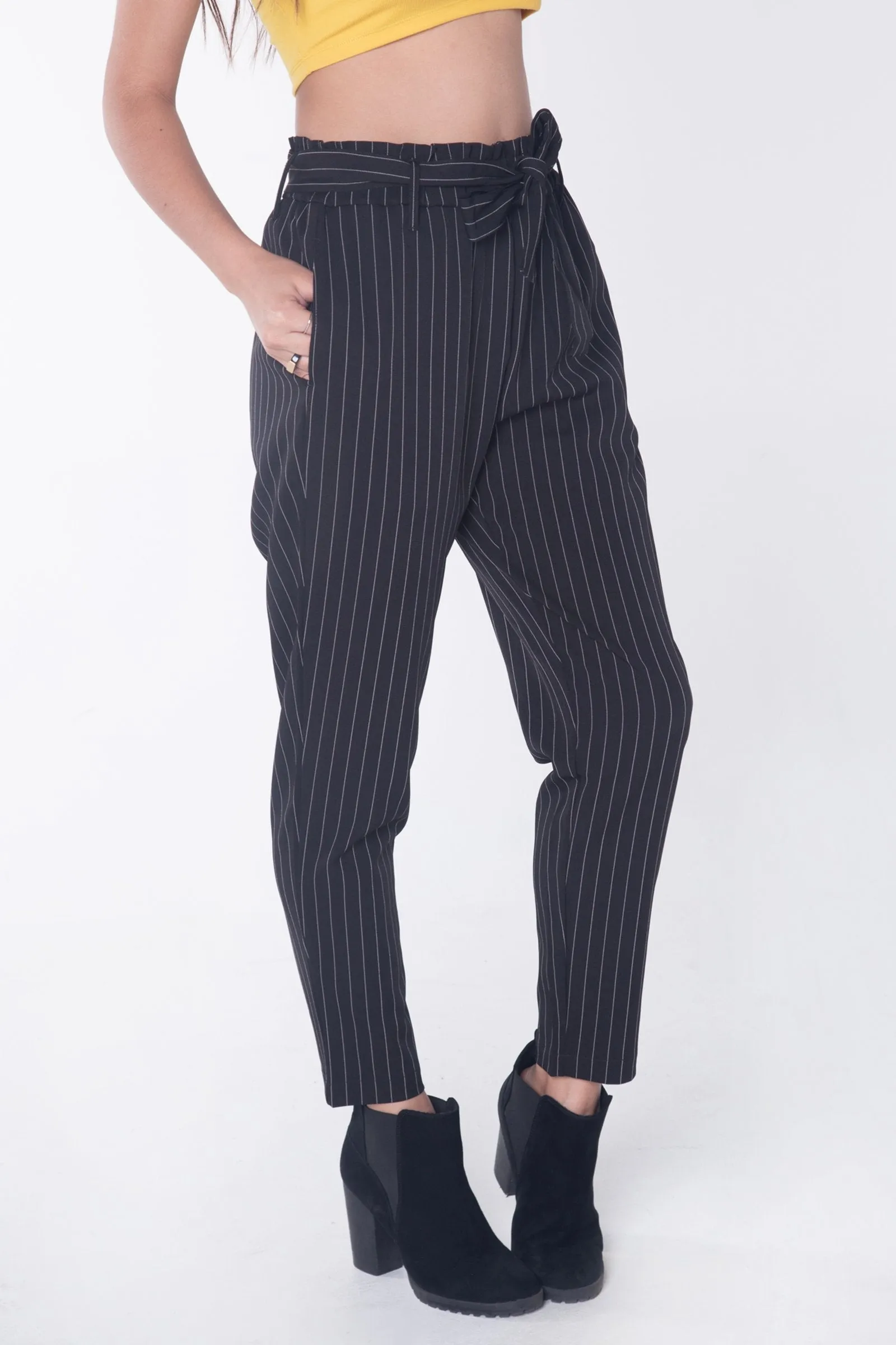Striped Paper Bag Trousers With Self-Fabric Belt