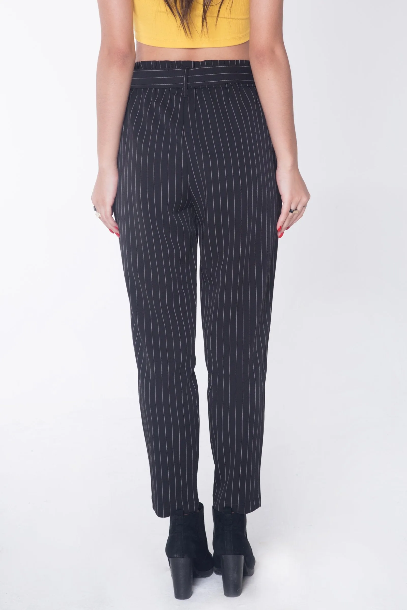 Striped Paper Bag Trousers With Self-Fabric Belt