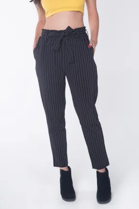 Striped Paper Bag Trousers With Self-Fabric Belt