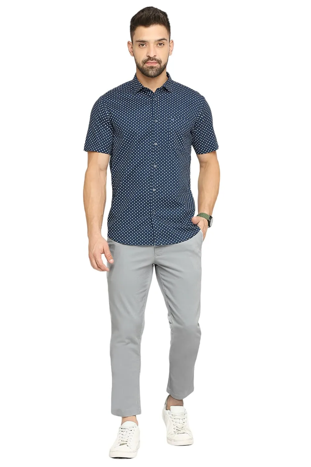 Tapered Fit Cotton Viscose Stretch Dobby Trousers