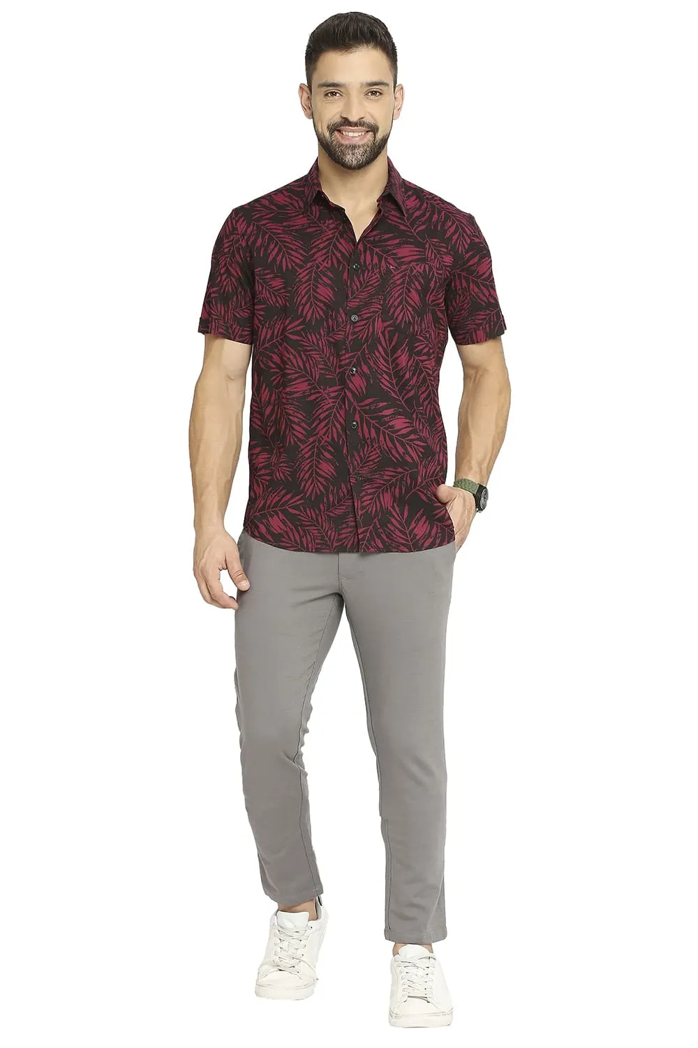 Tapered Fit Cotton Viscose Stretch Dobby Trousers