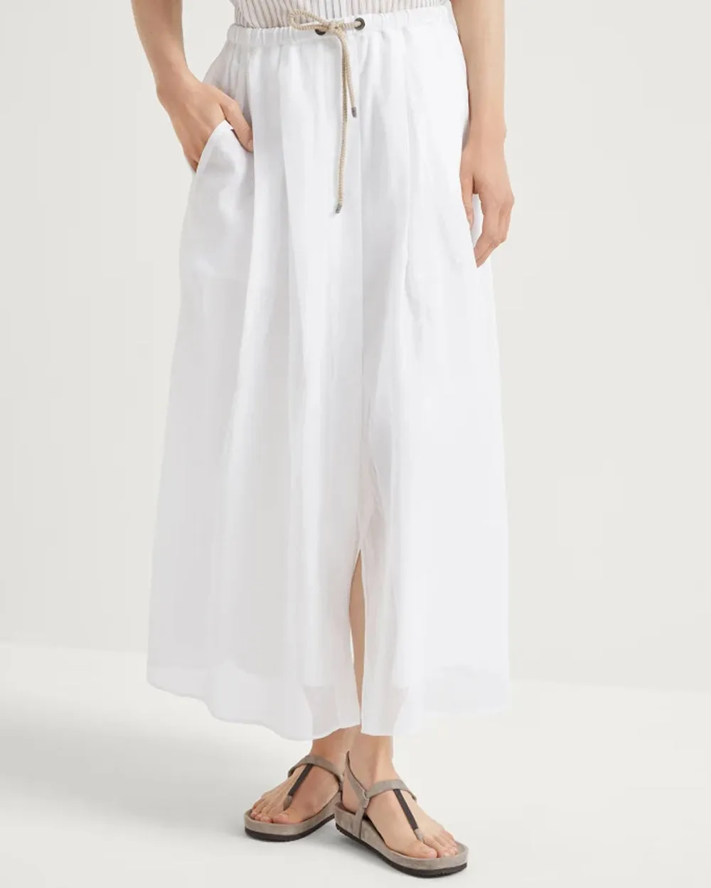 White Gauze Drawstring Midi Skirt