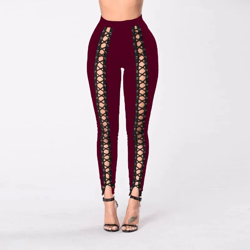 Women Black Leggings Sexy Strapping Rope Slim Fit Pants