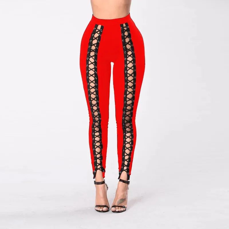 Women Black Leggings Sexy Strapping Rope Slim Fit Pants